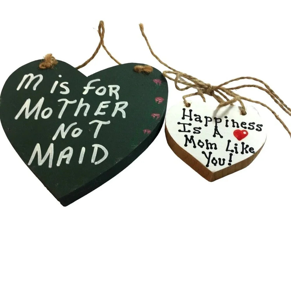 Heart Shape Mother/Mom Wood Wall Hanging with Twine Rope Set of 2 Green/White/Re